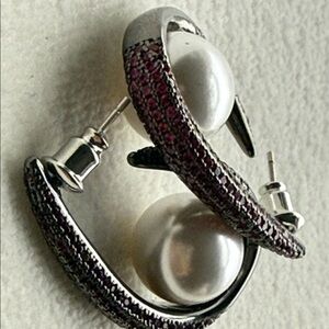 NEW - Pave - large Pearl Earrings with “Ruby stones”  gunmetal silver Tone